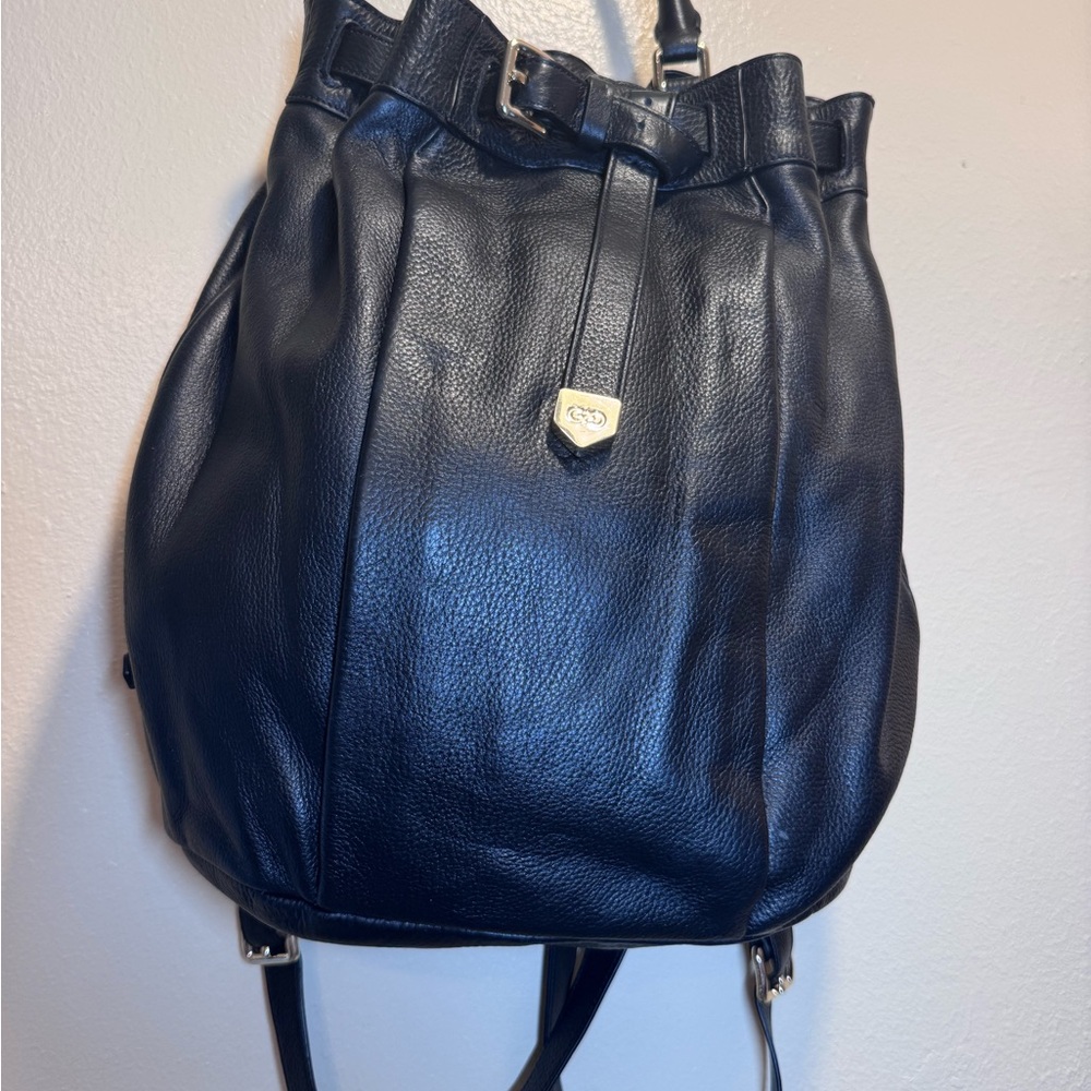 Cole Haan Black Pebbled Leather Drawstring Backpack with Gold Accent
